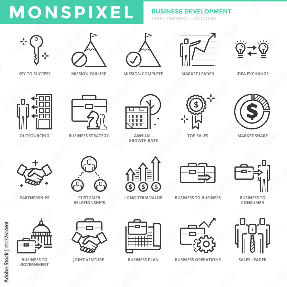 Poster flat thin line icons set of business development. pixel perfect icons. simple mono linear pictogram 