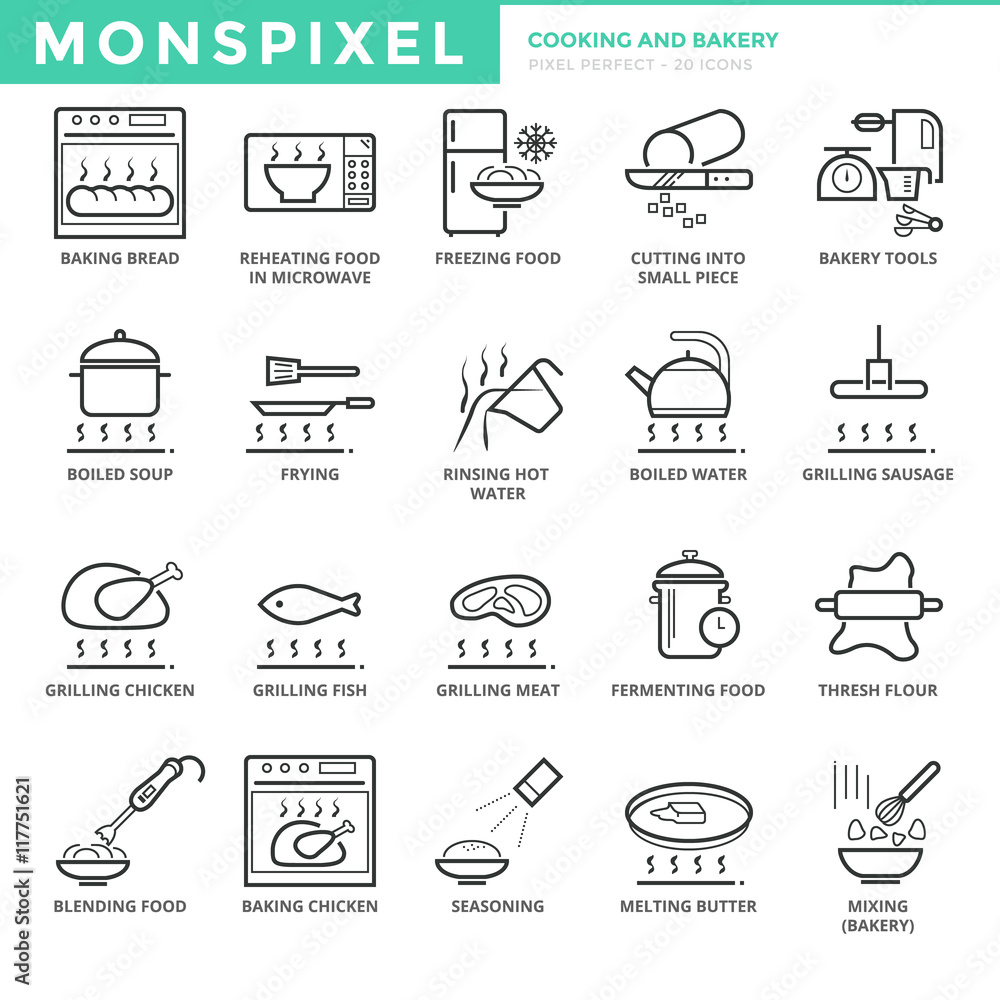 Poster flat thin line icons set of cooking and bakery. pixel perfect icons. simple mono linear pictogram pa