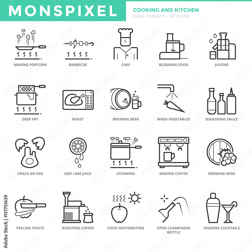 Poster flat thin line icons set of cooking and bakery. pixel perfect icons. simple mono linear pictogram pa