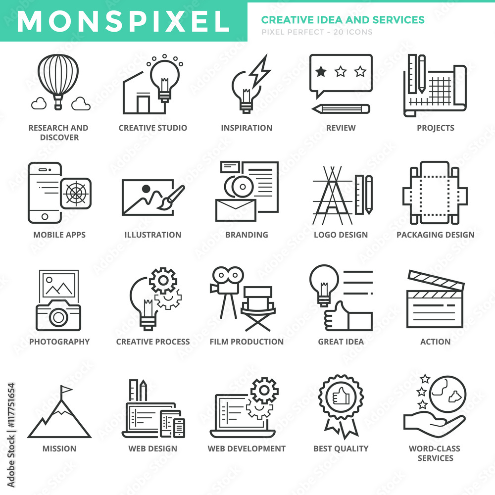 Poster flat thin line icons set of creative idea and services. pixel perfect icons. simple mono linear pict