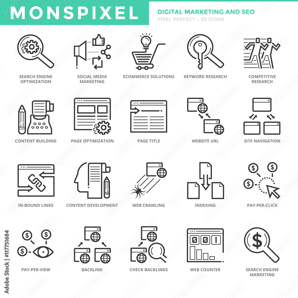 Poster flat thin line icons set of digital marketing and seo. pixel perfect icons. simple mono linear picto