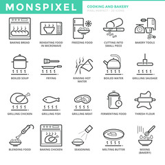 Flat thin line Icons set of Cooking and Bakery. Pixel Perfect Icons. Simple mono linear pictogram pack stroke vector logo concept for web graphics.