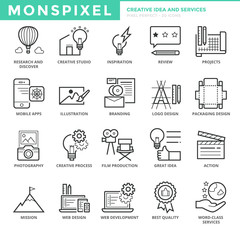 Flat thin line Icons set of Creative Idea and Services. Pixel Perfect Icons. Simple mono linear pictogram pack stroke vector logo concept for web graphics.