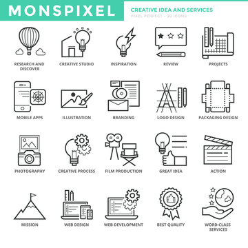 Flat thin line Icons set of Creative Idea and Services. Pixel Perfect Icons. Simple mono linear pictogram pack stroke vector logo concept for web graphics.