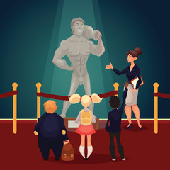 Kids in museum looking at a sculpture, cartoon style vector illustration. Museum guide telling children about a work of art, historical statue. School trip to museum