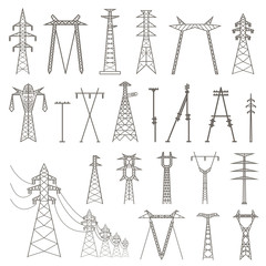 High voltage electric line pylon. Icon set suitable for creating - obrazy, fototapety, plakaty