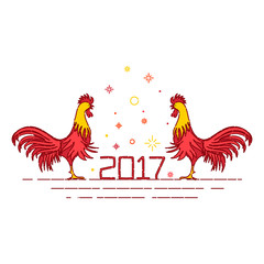 Chinese New Year rooster decoration design template on white background. Rooster symbol logo for eastern calendar. Greeting card with red cocks - symbol of 2017. Chinese rooster vector illustration.