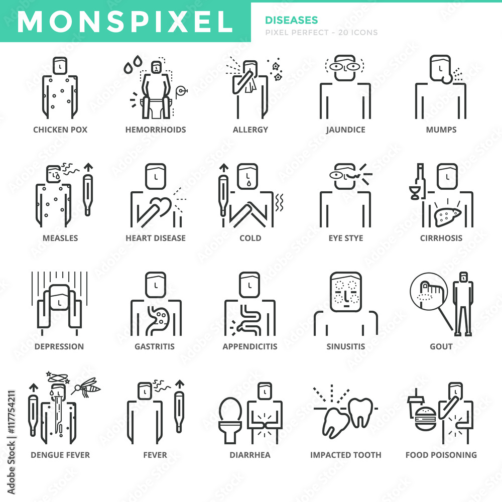 Poster flat thin line icons set of diseases and symptom. pixel perfect icons. simple mono linear pictogram 