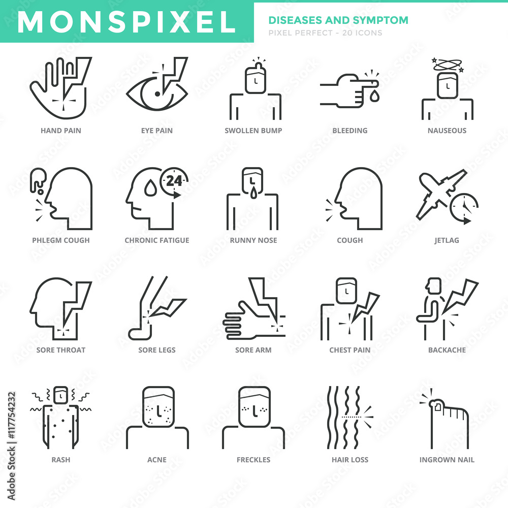 Poster flat thin line icons set of diseases and symptom. pixel perfect icons. simple mono linear pictogram 