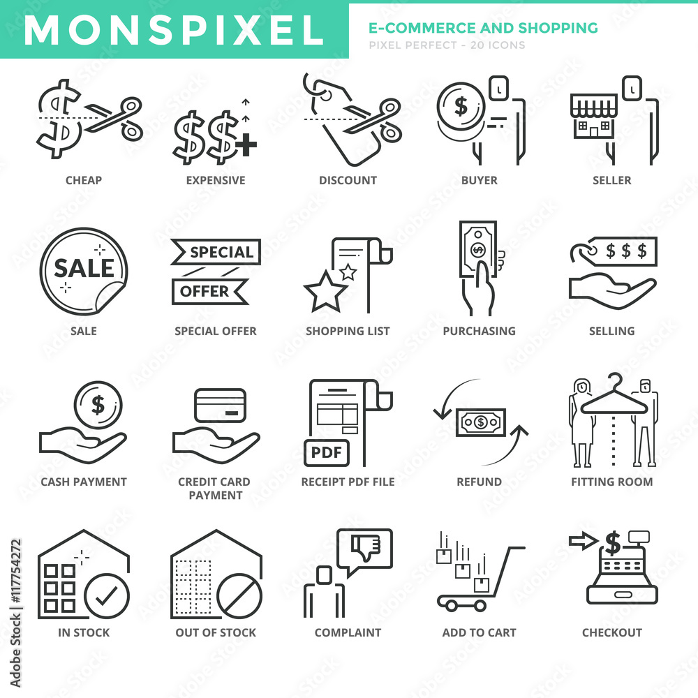 Poster flat thin line icons set of e-commerce and shopping. pixel perfect icons. simple mono linear pictogr