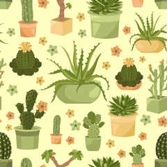 Cactuses and succulents seamless pattern. Houseplants