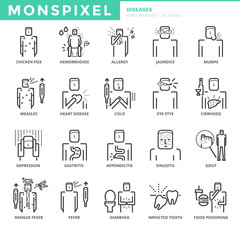Flat thin line Icons set of Diseases and Symptom. Pixel Perfect Icons. Simple mono linear pictogram pack stroke vector logo concept for web graphics.