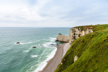 The beach and stone cliffs in Etretat, France