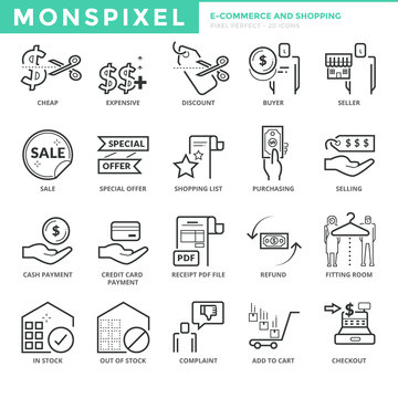 Flat thin line Icons set of E-commerce and Shopping. Pixel Perfect Icons. Simple mono linear pictogram pack stroke vector logo concept for web graphics.