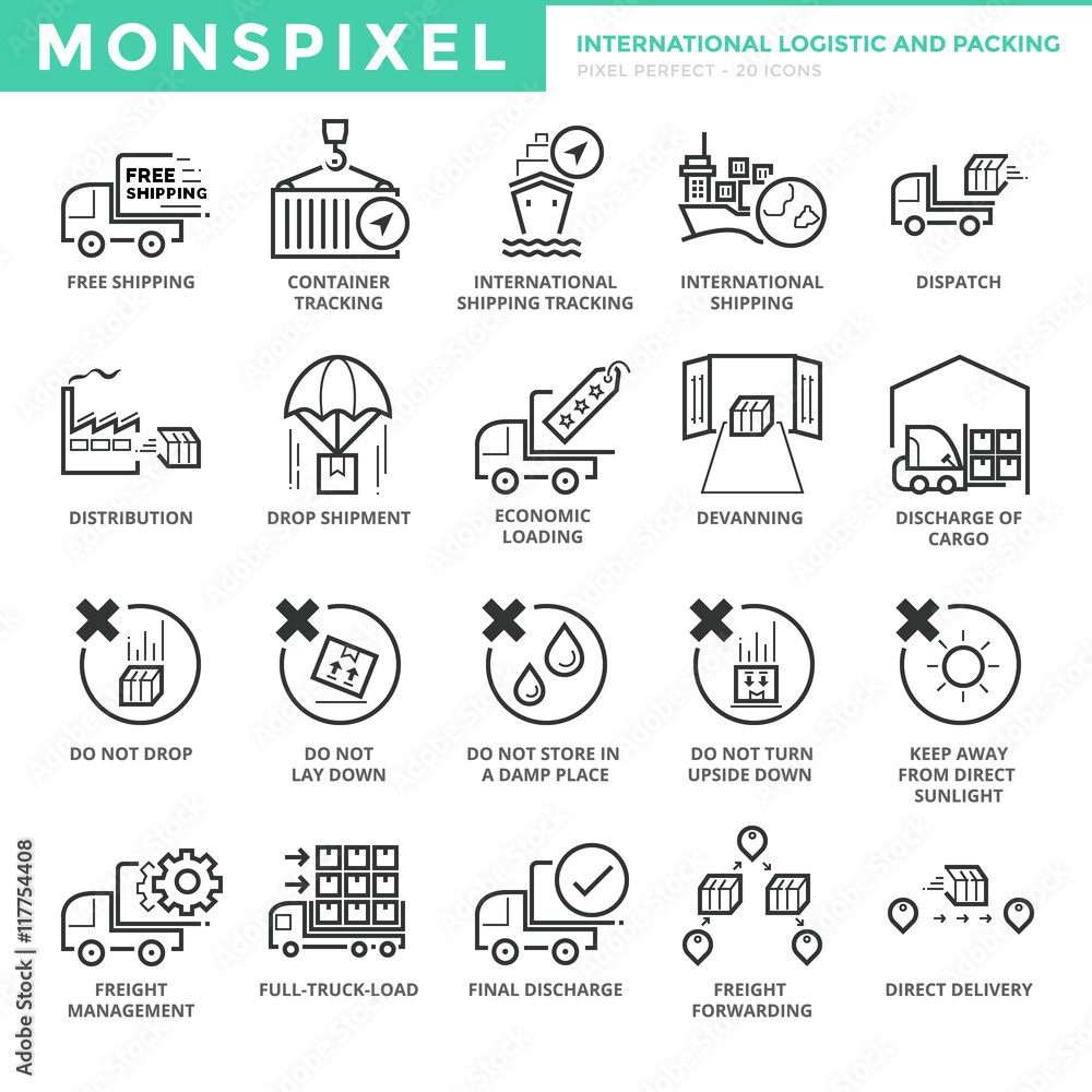 Poster flat thin line icons set of international logistic and packing. pixel perfect icons. simple mono lin