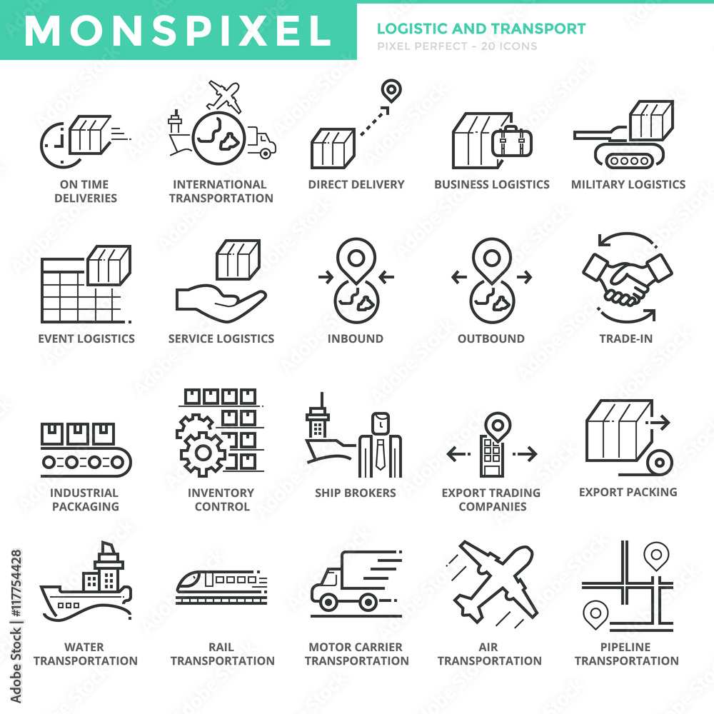 Poster flat thin line icons set of logistic and transport. pixel perfect icons. simple mono linear pictogra