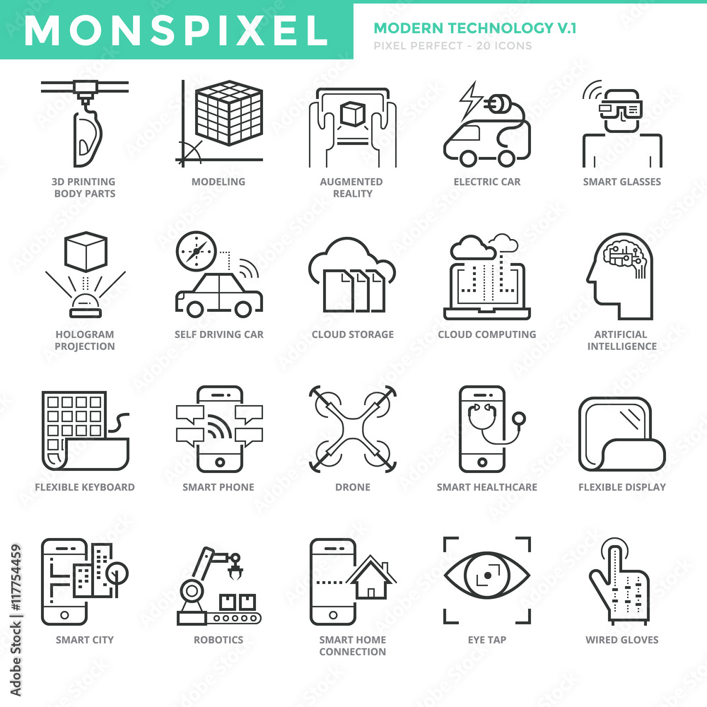 Poster flat thin line icons set of modern technology. pixel perfect icons. simple mono linear pictogram pac