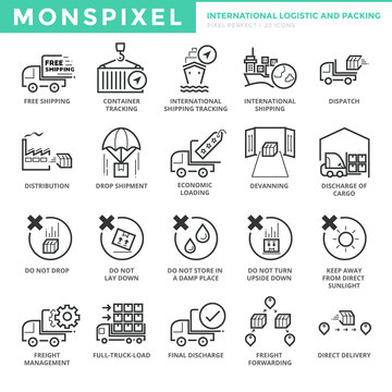 Flat thin line Icons set of International Logistic and Packing. Pixel Perfect Icons. Simple mono linear pictogram pack stroke vector logo concept for web graphics.