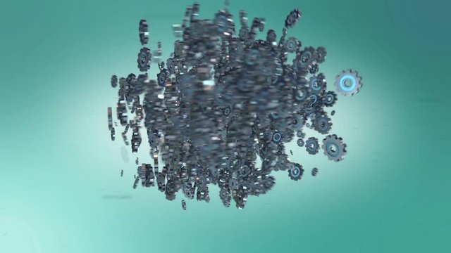Modern blue steel mechanical cogwheel computer brain coming together in a particle field