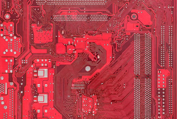 Circuits board / View of  red circuits board. Top view.