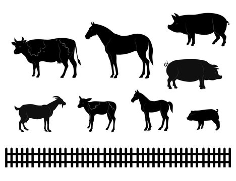 Vector farm animals silhouettes isolated on white. Livestock and poultry icons. Rural landscape with trees, plants,