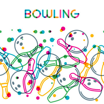 Vector bowling background with color linear bowling balls and bowling pins. Abstract multicolor illustration.