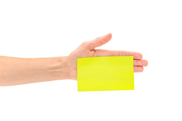 Hand with empty sticker isolated on white