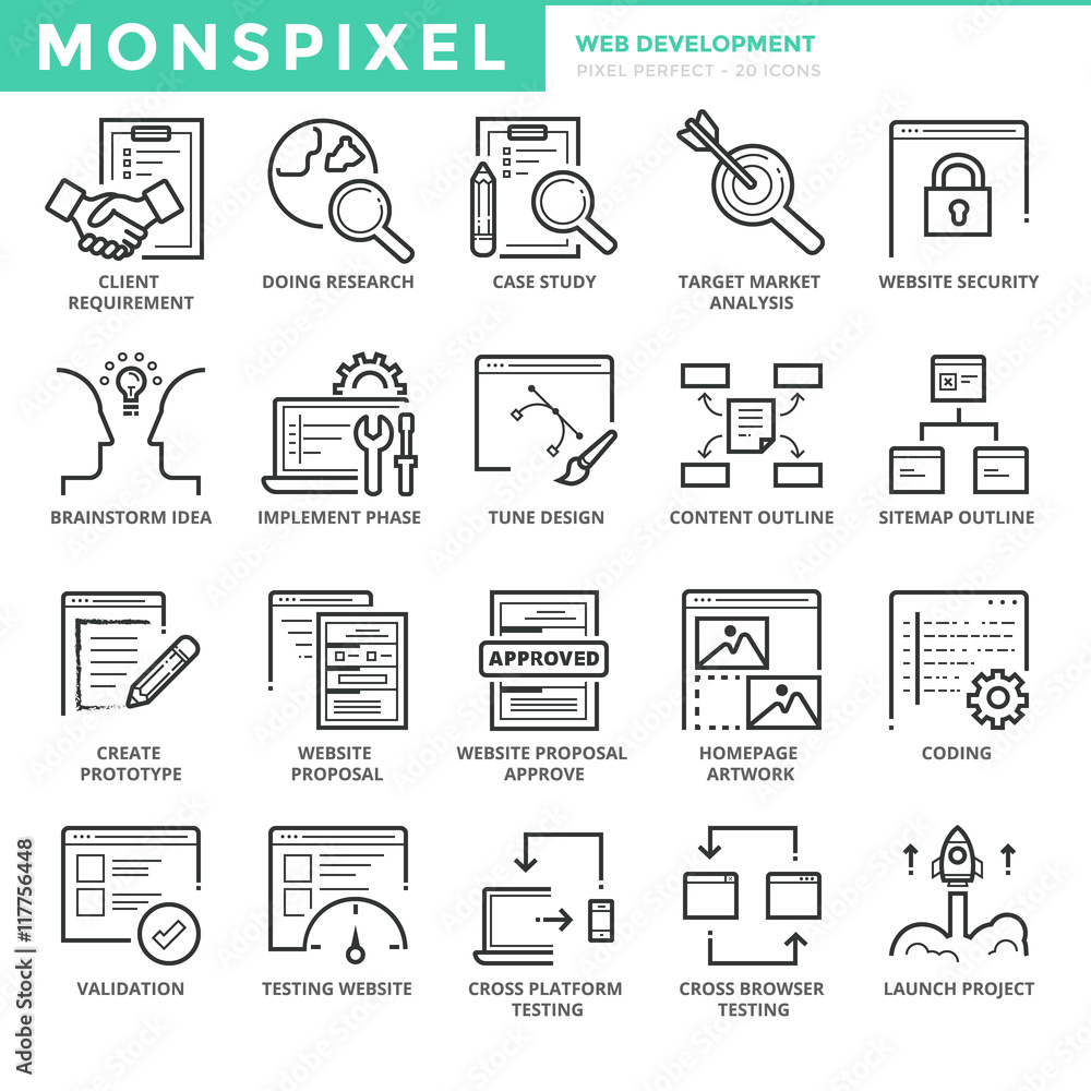 Poster flat icons set of web development. pixel perfect icons. simple pictogram pack vector logo concept fo