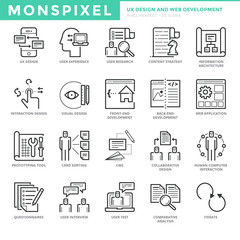 Flat thin line Icons set of UX Design And Web Development. Pixel Perfect Icons. Simple mono linear pictogram pack stroke vector logo concept for web graphics.