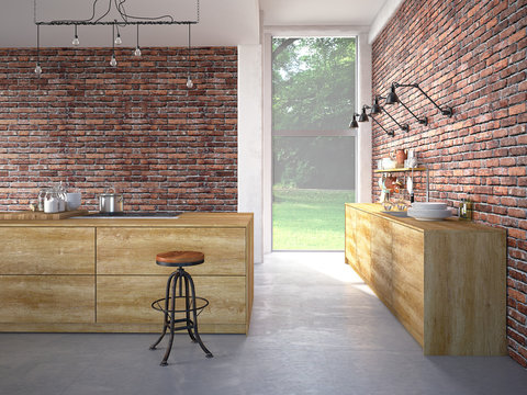 Modern kitchen with a brickwall. 3d rendering