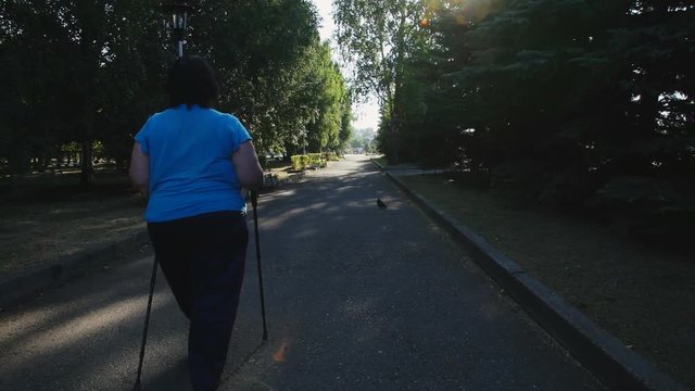 A woman walks through the Park with sticks for Nordic walking Sunny summer morning.