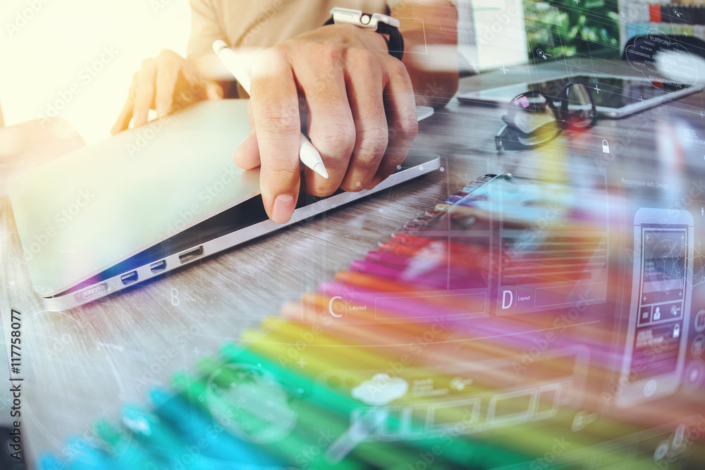 Poster Website designer working digital tablet and computer laptop with