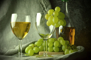 Still life composition with wine and grapes
