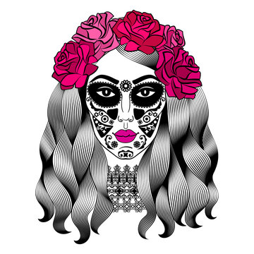 Beautiful woman with sugar skull makeup. Mexican Catrina skull 