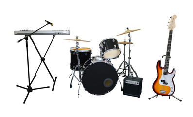 Set of musical instruments isolated on white background: guitar, synthesizer, combo amplifier and drums