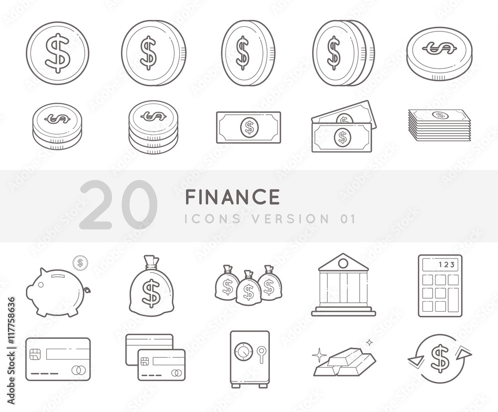 Poster flat thin line icons set of finance and money. simple mono linear pictogram pack stroke vector logo 