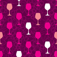 Vector seamless pattern with colorful silhouette of wineglass, outline bunch of grape and grape leaves. Decor for wine and winery. Background with ornate wine elements in contour for summer design.