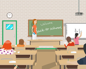 The teacher conducts classes for children in the class after vacation. Vector illustration

