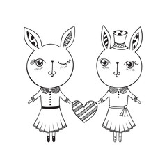 Hand drawn cute rabbits with heart. Vector.