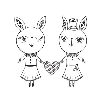 Hand drawn cute rabbits with heart. Vector.