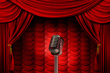 3d illustration microphone on background of red curtains