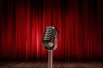3d illustration studio microphone on a background of red curtains