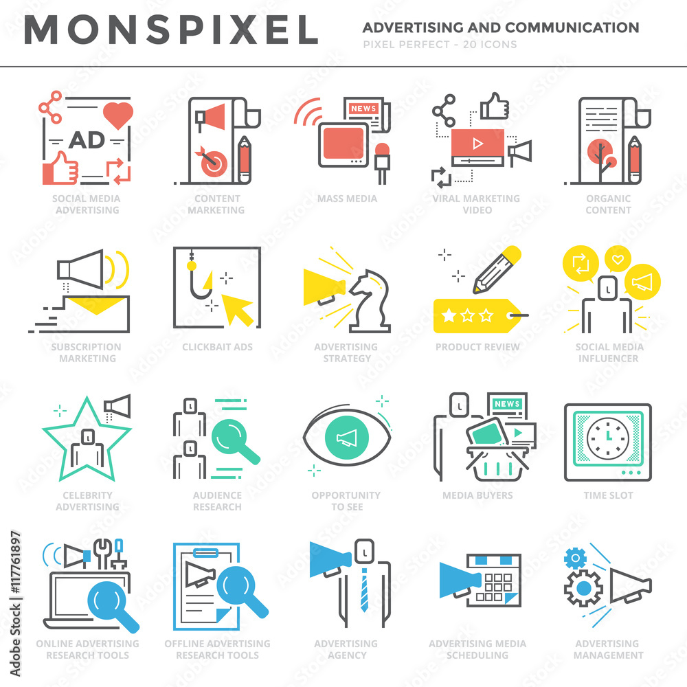 Poster flat thin line icons set of advertising and communication. pixel perfect icons. simple linear pictog