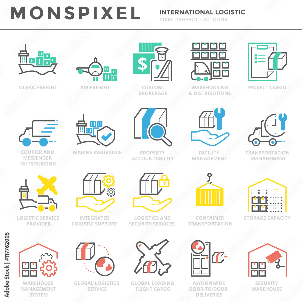 Poster flat thin line icons set of international logistic . pixel perfect icons. simple linear pictogram pa