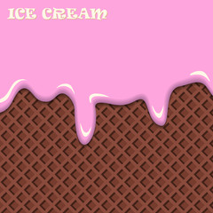 Pink fruit ice cream with chocolate wafer vintage abstract. Vector illustration