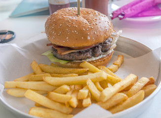 Hamburger with Lettuce, French fries and Cheese