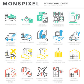 Flat thin line Icons set of International Logistic . Pixel Perfect Icons. Simple linear pictogram pack stroke vector logo concept for web graphics.