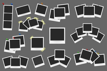 Set of realistic vector photo frames on sticky tape, pins and rivets isolated on grey background. Template photo design. Vector illustration