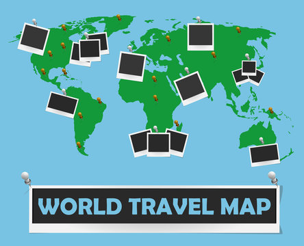 World travel map with photo frames and pins. Journey concept design. Vector illustration