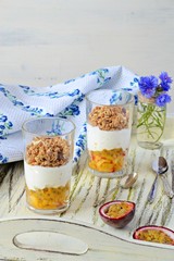 Homemade Healthy Breakfast. Granola with Greek Style Yogurt and Passion Fruit